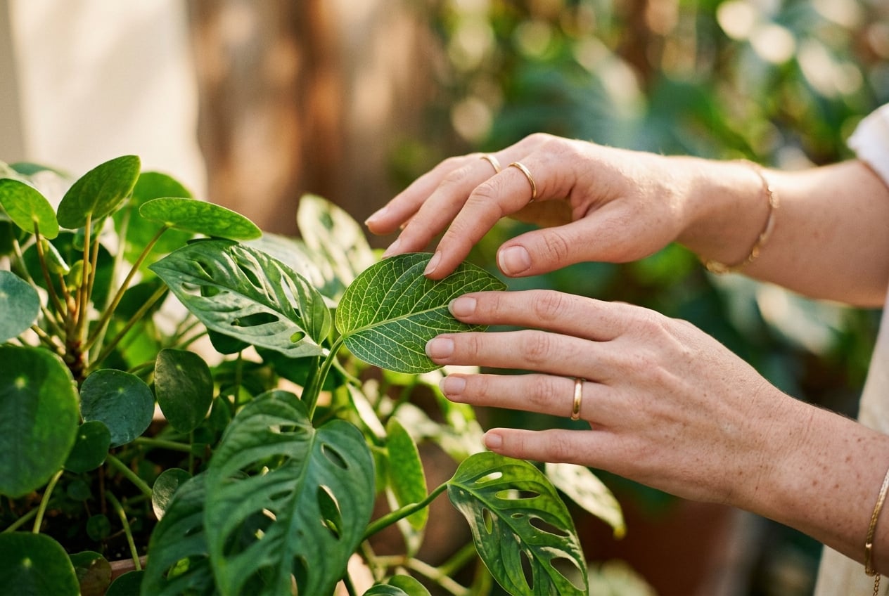 Mains touchant des feuilles vertes